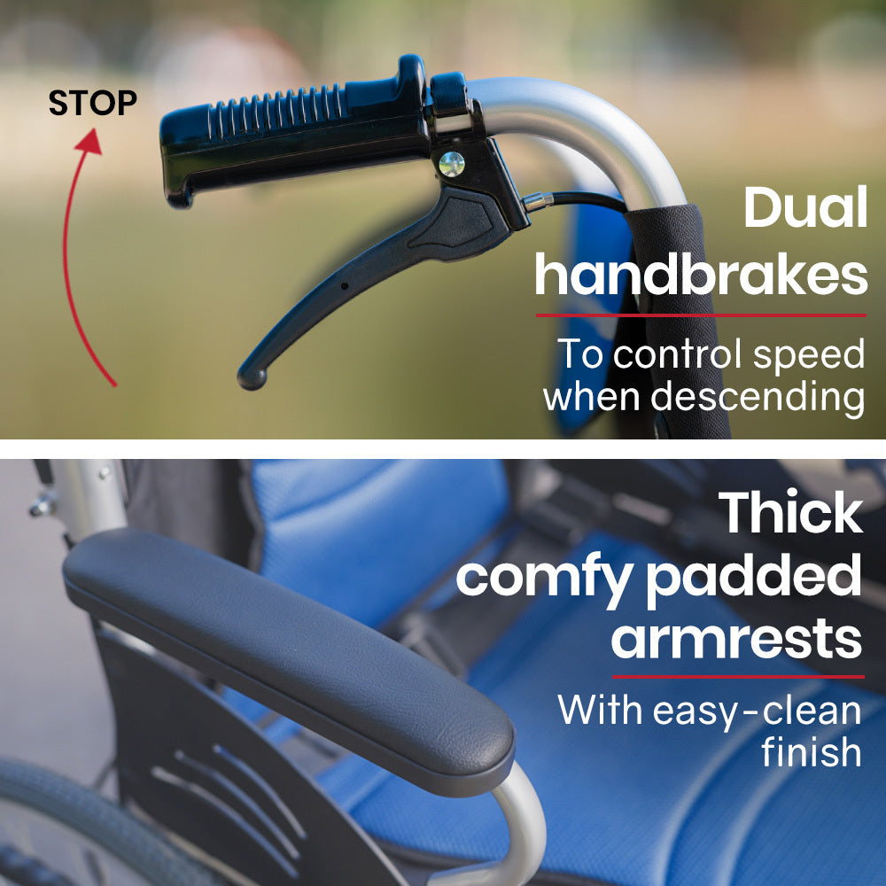 EQUIPMED Folding Aluminium Wheelchair, 20  Wheels, Park Brakes, 100kg Capacity, Blue