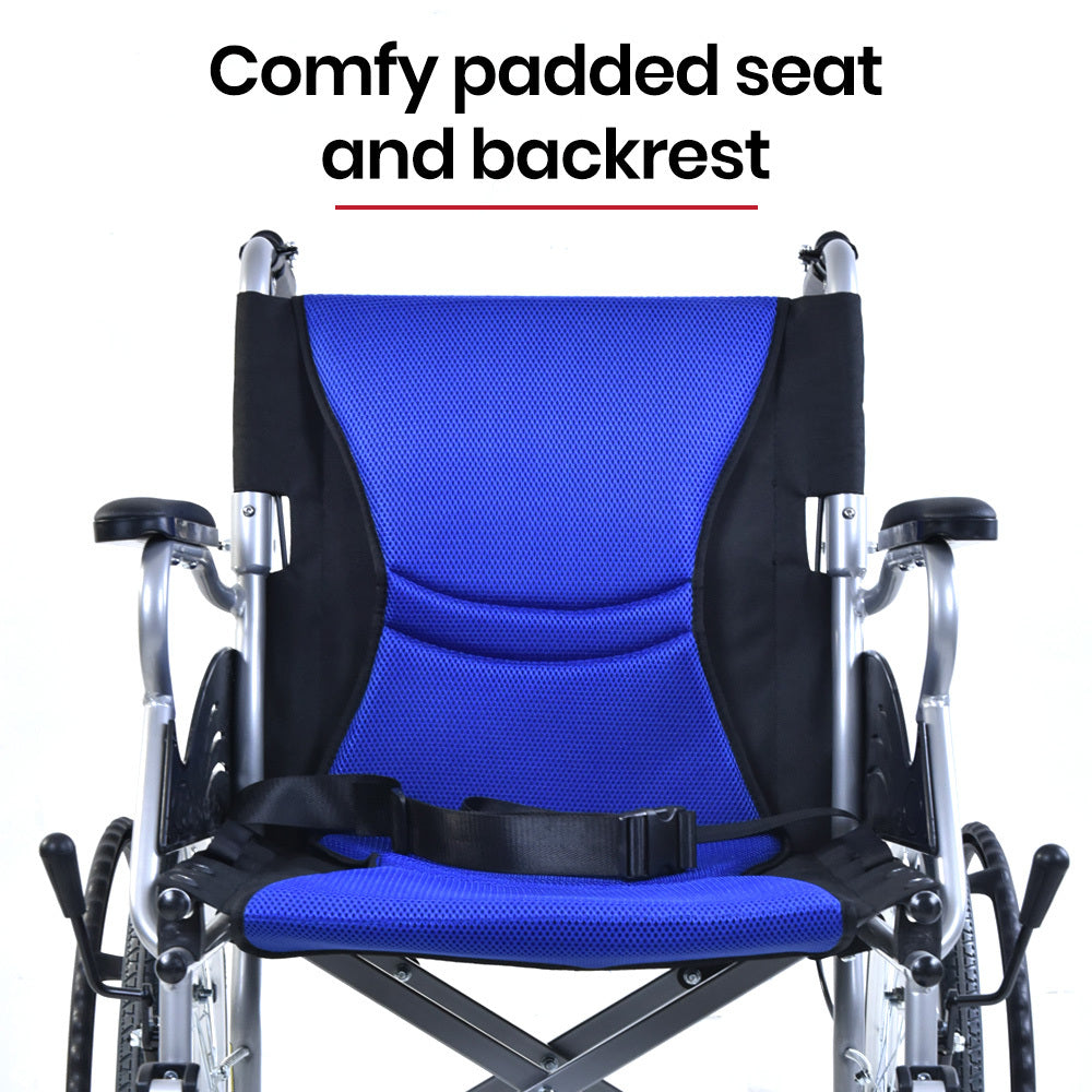 EQUIPMED Folding Aluminium Wheelchair, 20  Wheels, Park Brakes, 100kg Capacity, Blue