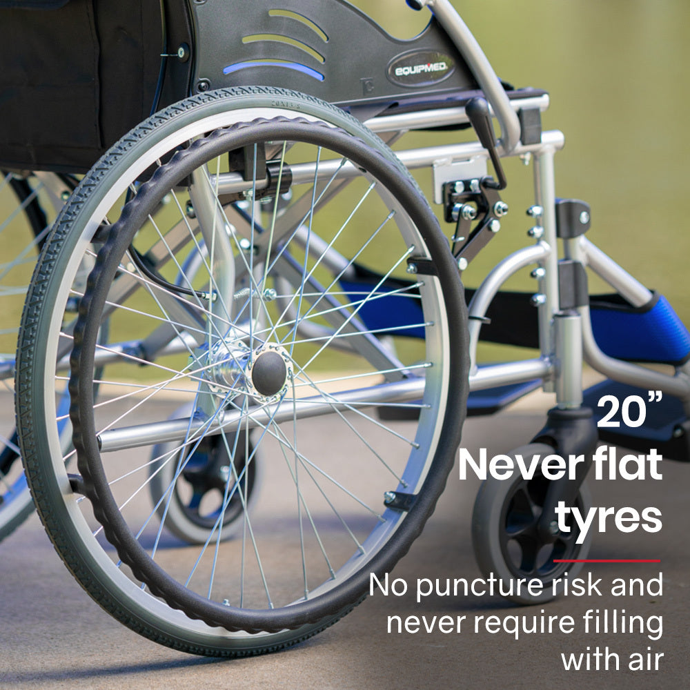 EQUIPMED Folding Aluminium Wheelchair, 20  Wheels, Park Brakes, 100kg Capacity, Blue