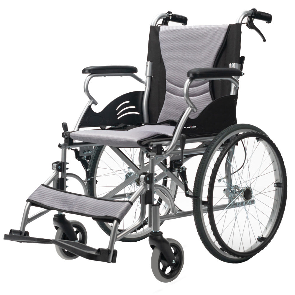 EQUIPMED Folding Aluminium Wheelchair, 20  Wheels, Park Brakes, 100kg Capacity, Grey/Black