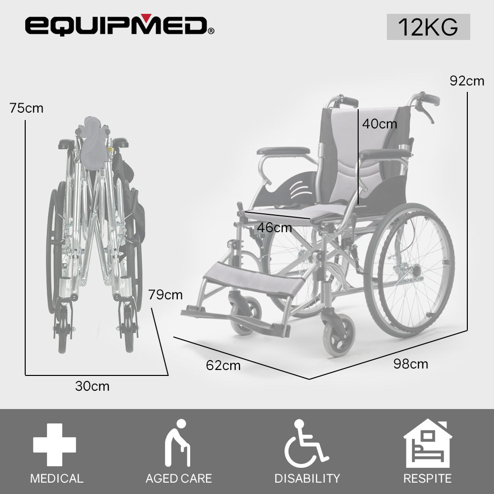 EQUIPMED Folding Aluminium Wheelchair, 20  Wheels, Park Brakes, 100kg Capacity, Grey/Black