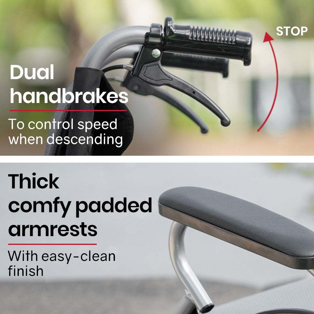 EQUIPMED Folding Aluminium Wheelchair, 20  Wheels, Park Brakes, 100kg Capacity, Grey/Black