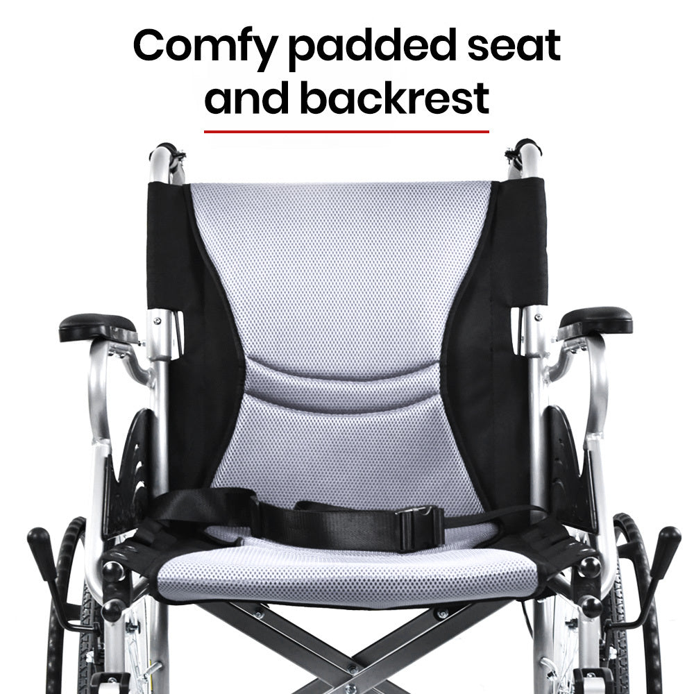 EQUIPMED Folding Aluminium Wheelchair, 20  Wheels, Park Brakes, 100kg Capacity, Grey/Black