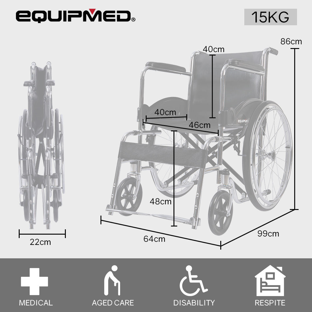 Equipmed Folding Manual Wheelchair Self Propelled, 24  Rear Wheels, Chrome Steel Frame, 46cm Wide Seat, 100kg Capacity, Park Brakes