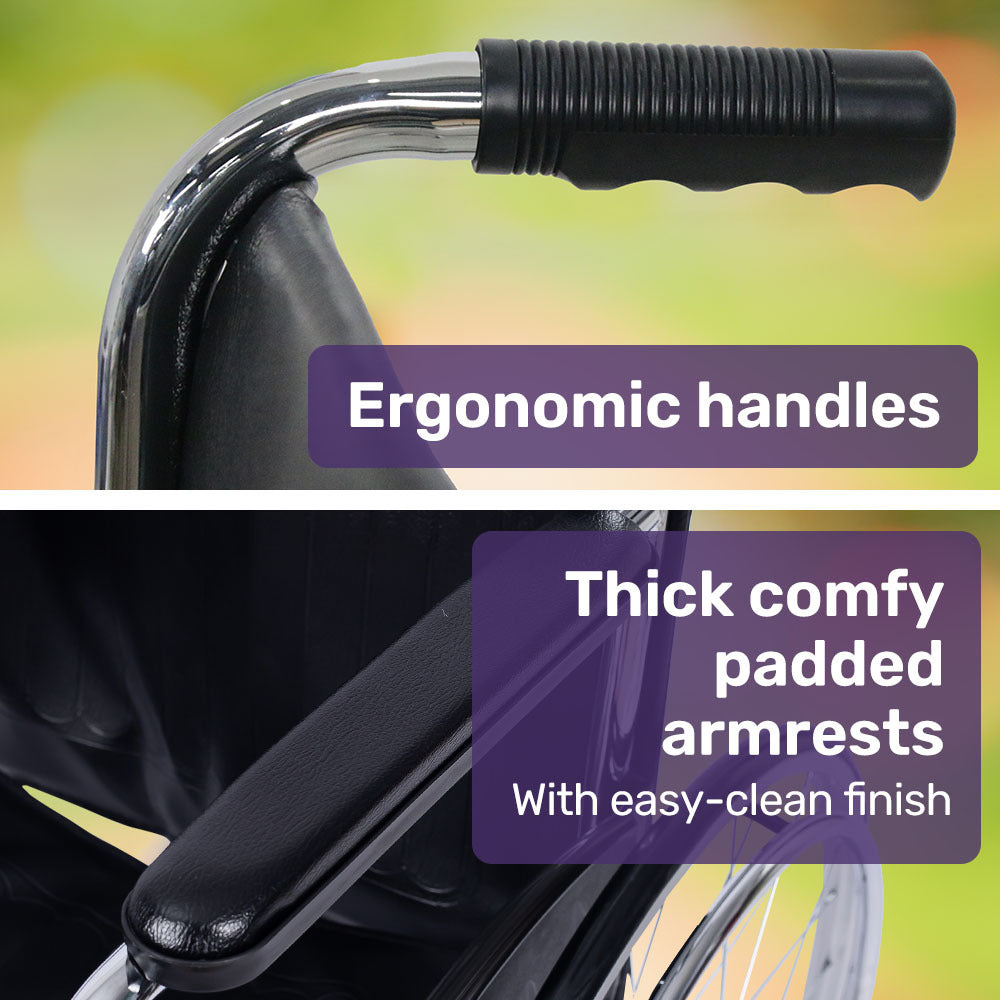 Equipmed Folding Manual Wheelchair Self Propelled, 24  Rear Wheels, Chrome Steel Frame, 46cm Wide Seat, 100kg Capacity, Park Brakes