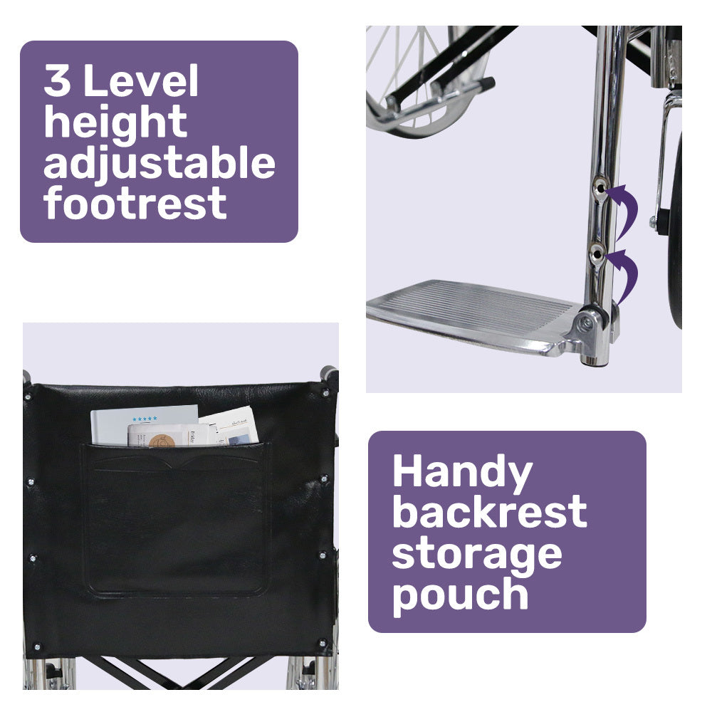 Equipmed Folding Manual Wheelchair Self Propelled, 24  Rear Wheels, Chrome Steel Frame, 46cm Wide Seat, 100kg Capacity, Park Brakes