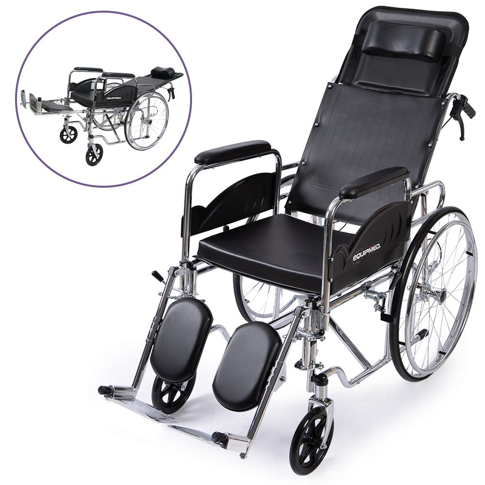 Equipmed Folding Manual Reclining Wheelchair Self Propelled, 24  Rear Wheels, Chrome Steel Frame, 46cm Wide Seat, 100kg Capacity, Park Brakes