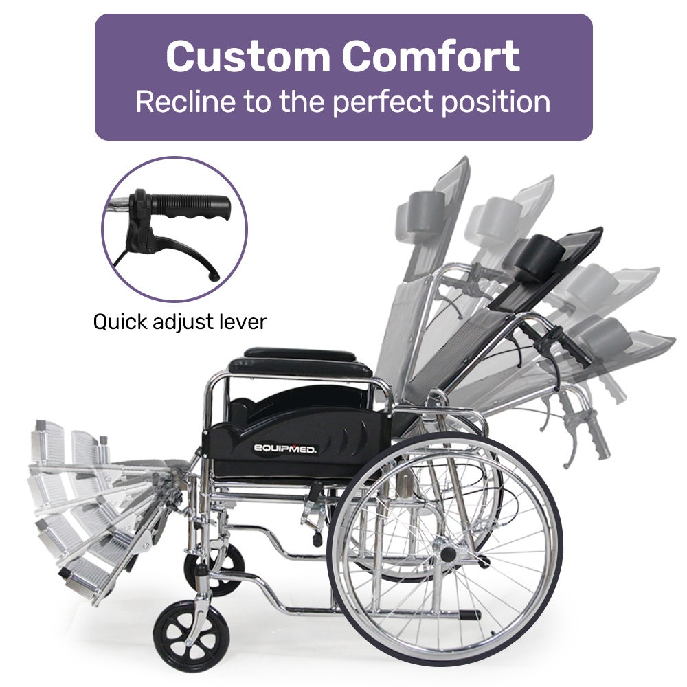 Equipmed Folding Manual Reclining Wheelchair Self Propelled, 24  Rear Wheels, Chrome Steel Frame, 46cm Wide Seat, 100kg Capacity, Park Brakes