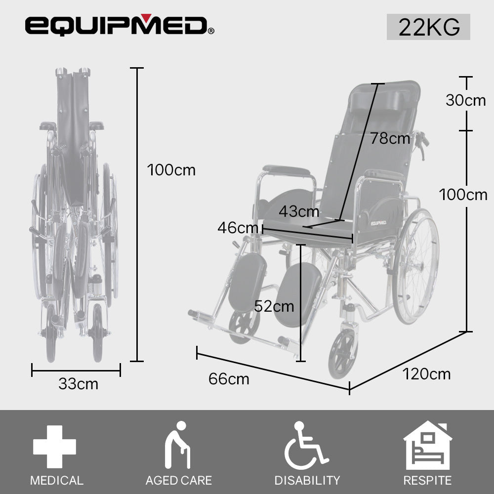 Equipmed Folding Manual Reclining Wheelchair Self Propelled, 24  Rear Wheels, Chrome Steel Frame, 46cm Wide Seat, 100kg Capacity, Park Brakes