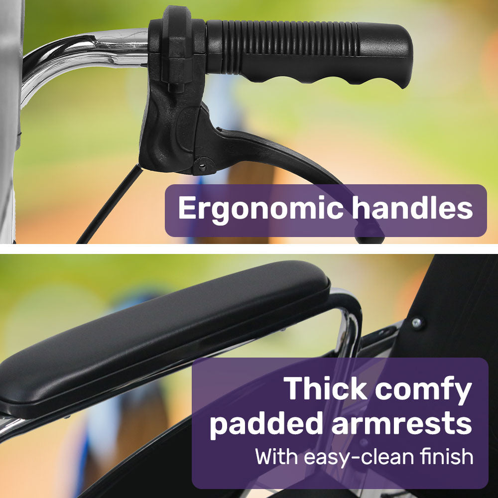 Equipmed Folding Manual Reclining Wheelchair Self Propelled, 24  Rear Wheels, Chrome Steel Frame, 46cm Wide Seat, 100kg Capacity, Park Brakes