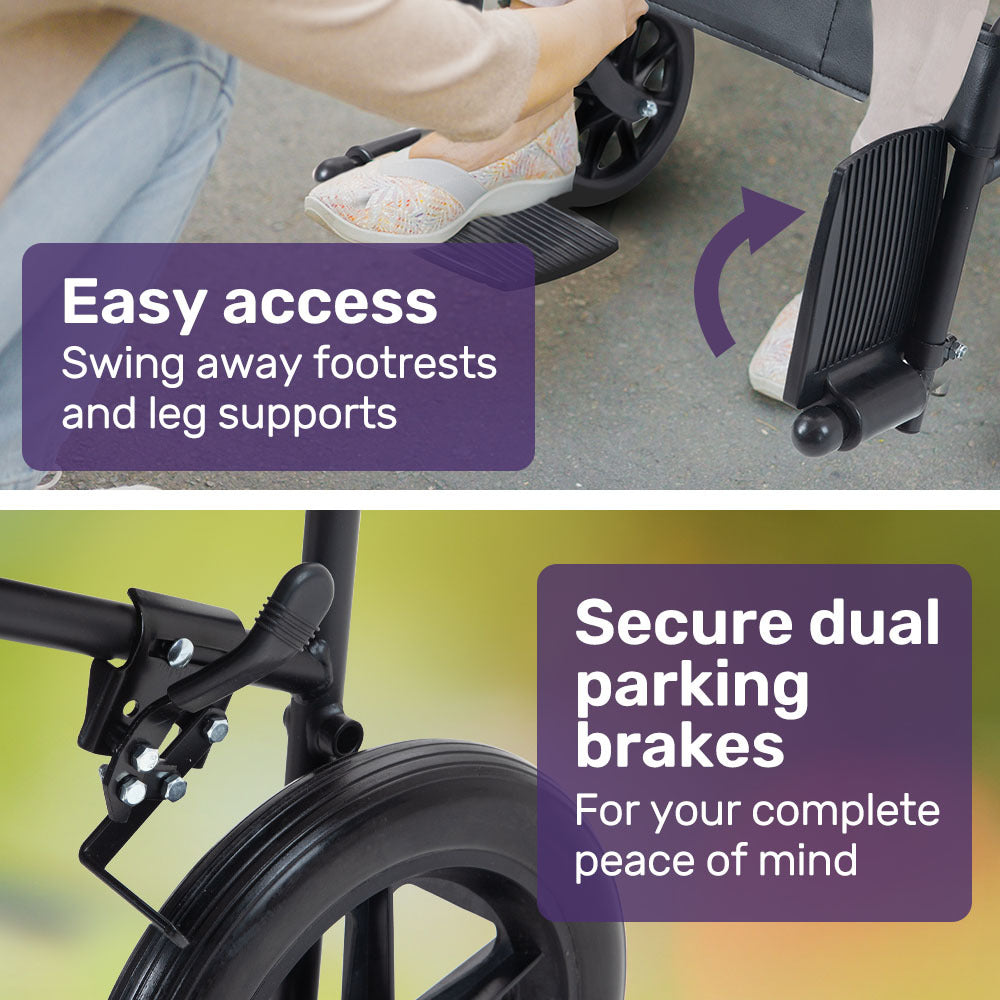 EQUIPMED Folding Transit Manual Wheelchair, Attendant Propelled, Steel Frame, Wide Seat, Comfortable for S-XL, 114kg Capacity, Park Brakes, Transport