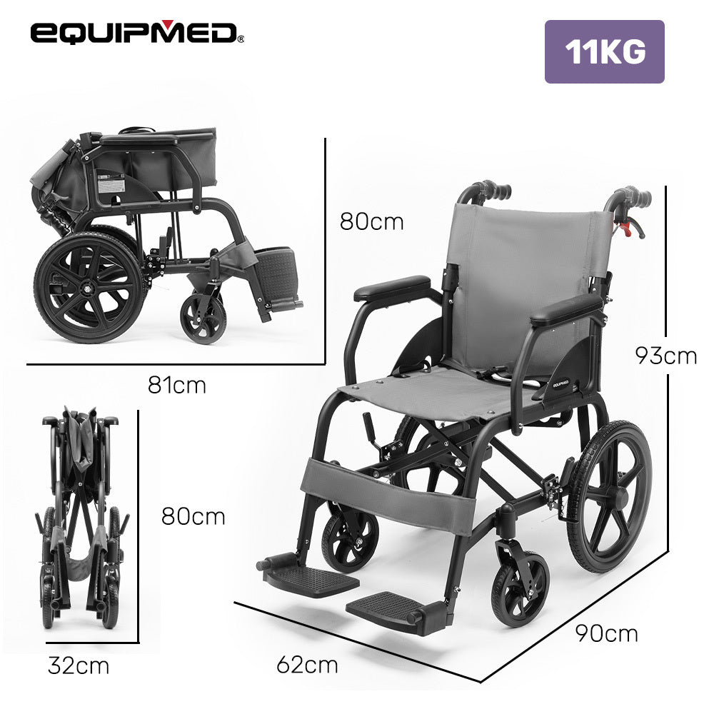 Equipmed Folding Transit Wheelchair, Lightweight Aluminium for Easy Transport, Grey