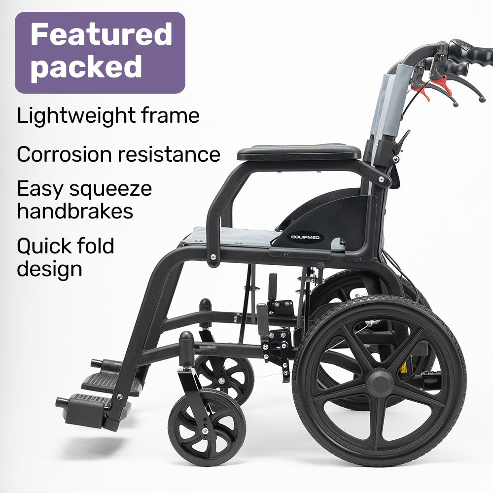 Equipmed Folding Transit Wheelchair, Lightweight Aluminium for Easy Transport, Grey