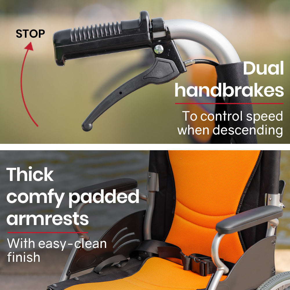 EQUIPMED Folding Aluminium Wheelchair, 20 Wheels, Park Brakes, 100kg Capacity, Orange