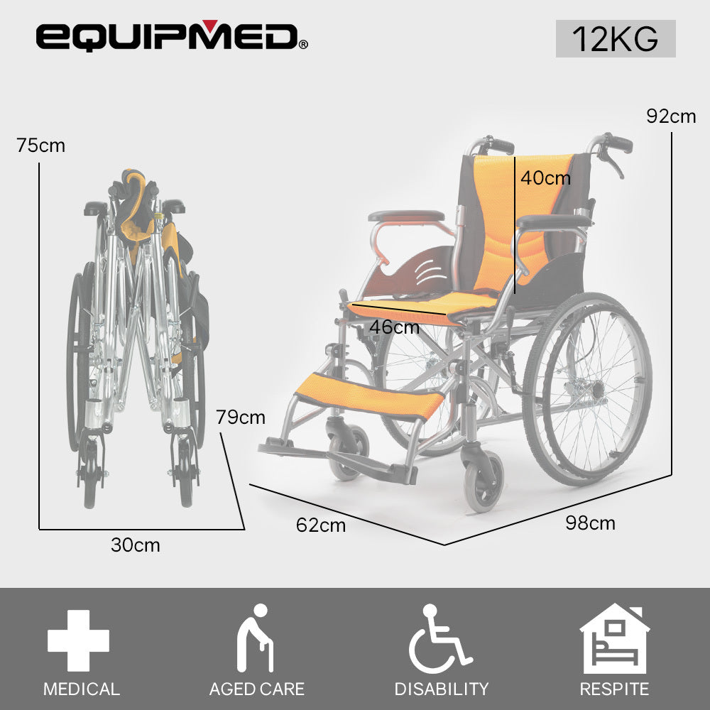 EQUIPMED Folding Aluminium Wheelchair, 20 Wheels, Park Brakes, 100kg Capacity, Orange