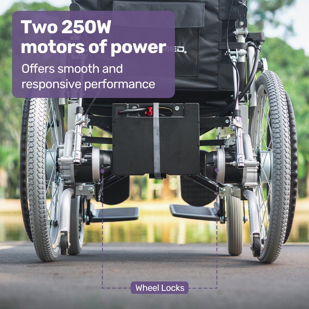 EQUIPMED Power Electric Wheelchair, XL Wide Bariatric Chair Seat, Long Range, Airline Approved, Recline Adjustment, Lithium Battery, 22  Wheels, Headrest, Black