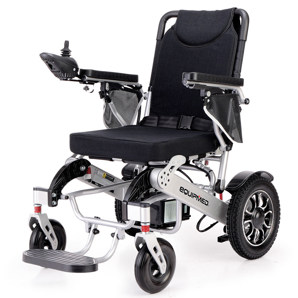 EQUIPMED Power Electric Wheelchair, Airline Approved Wheel Chair, Lightweight, Folding, Long Range, Lithium Batteries, Black & Silver