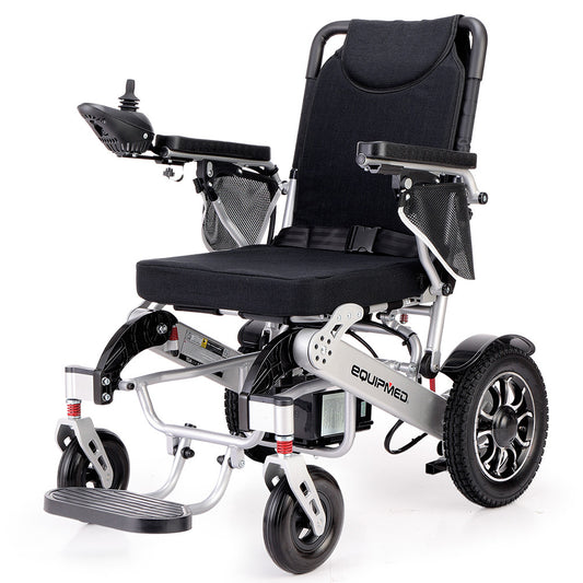 EQUIPMED Power Electric Wheelchair, Airline Approved Wheel Chair, Lightweight, Folding, Long Range, Lithium Batteries, Black & Silver