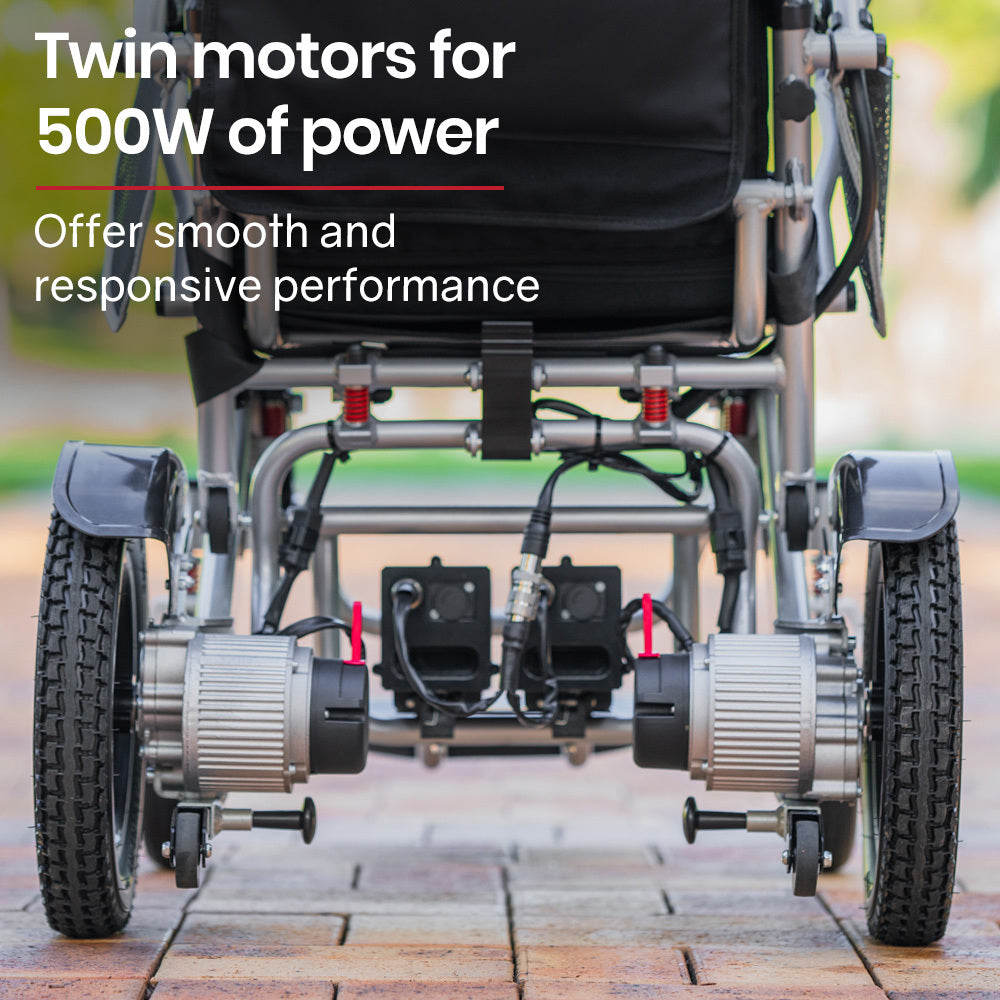 EQUIPMED Power Electric Wheelchair, Airline Approved Wheel Chair, Lightweight, Folding, Long Range, Lithium Batteries, Black & Silver