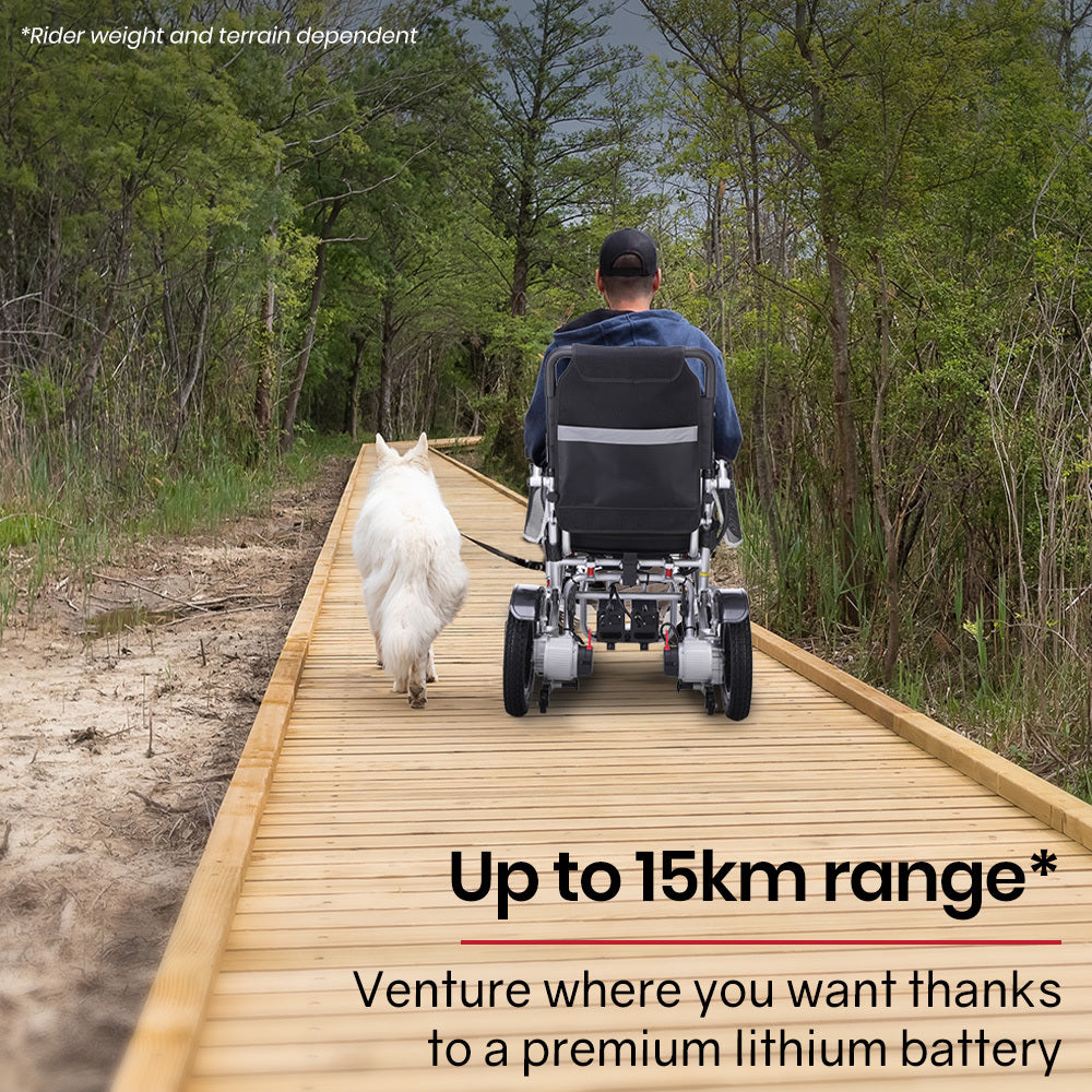 EQUIPMED Power Electric Wheelchair, Airline Approved Wheel Chair, Lightweight, Folding, Long Range, Lithium Batteries, Black & Silver