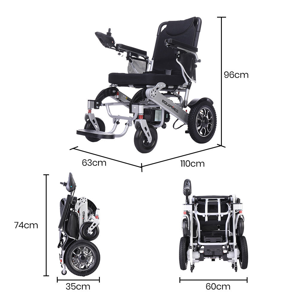 EQUIPMED Power Electric Wheelchair, Airline Approved Wheel Chair, Lightweight, Folding, Long Range, Lithium Batteries, Black & Silver
