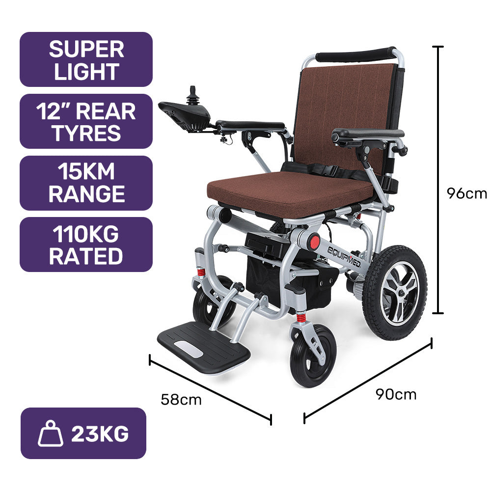 EQUIPMED Ultra-Light Power Wheelchair, Tight Turning, Airline Approved, ARTG Certified, Aluminium Frame, Lithium Battery, Brown