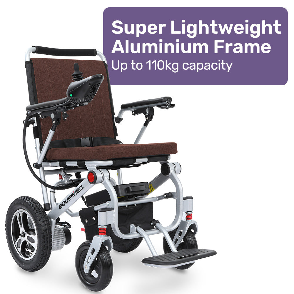 EQUIPMED Ultra-Light Power Wheelchair, Tight Turning, Airline Approved, ARTG Certified, Aluminium Frame, Lithium Battery, Brown