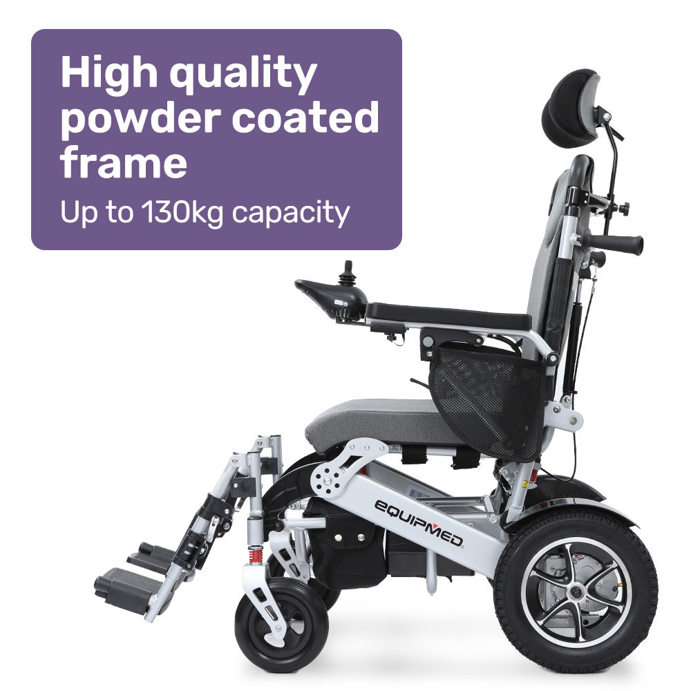 EQUIPMED Power Electric Wheelchair, Folding, Airline Approved, ARTG Certified, Recline Adjustment, Headrest, Aluminium Frame, Lithium Battery