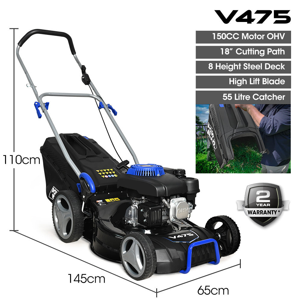 POWERBLADE 18  150cc Lawn Mower, 8 Height, Steel Deck, 4-Stroke Petrol Lawnmower - V475