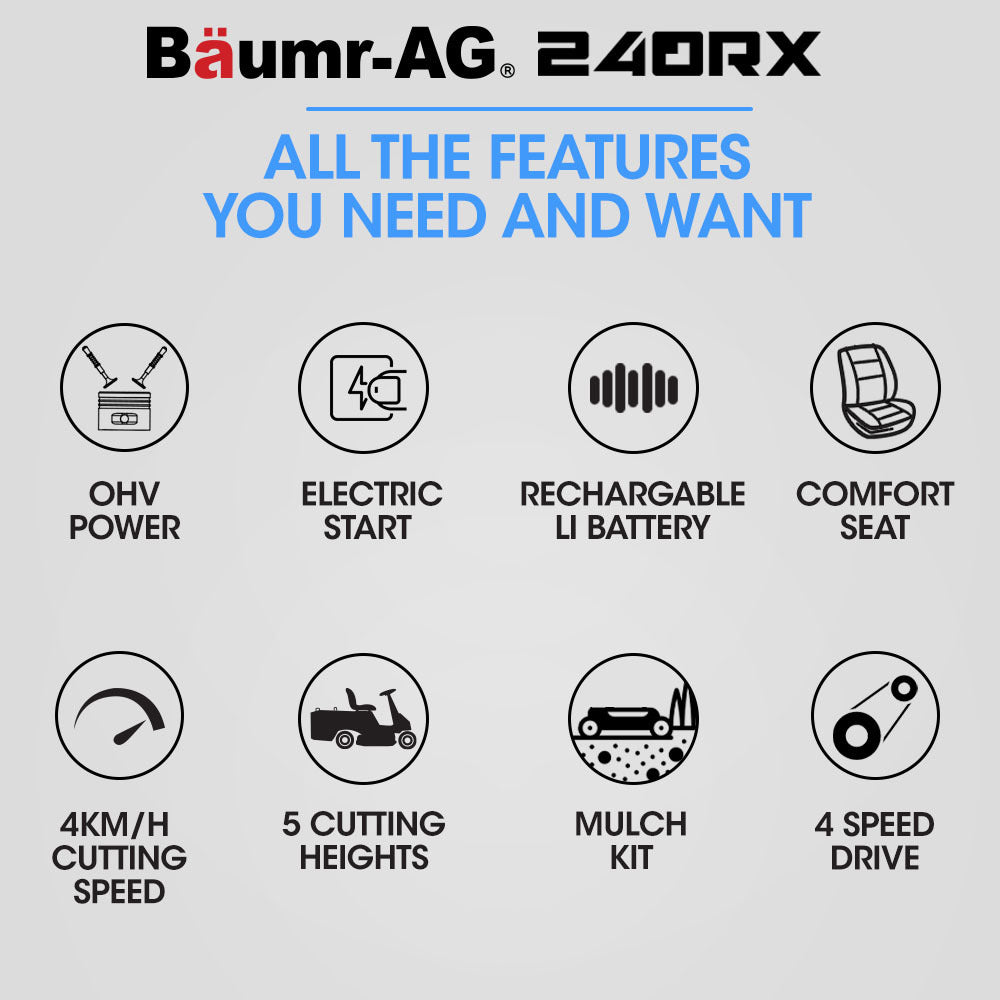 BAUMR-AG 24  Ride On Lawn Mower, Lithium Electric Start System, 6HP 224cc, 5 Cut Heights, Catcher and Mulch Kit