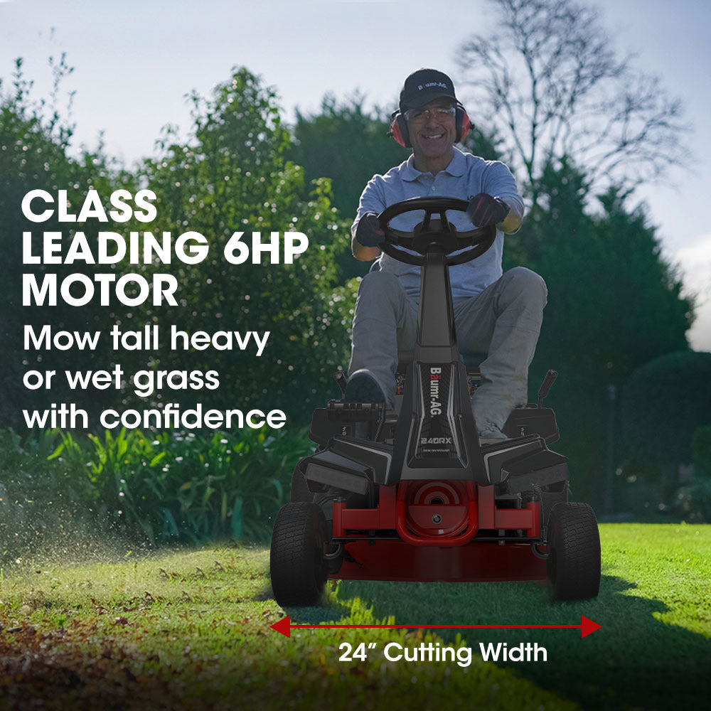 BAUMR-AG 24  Ride On Lawn Mower, Lithium Electric Start System, 6HP 224cc, 5 Cut Heights, Catcher and Mulch Kit