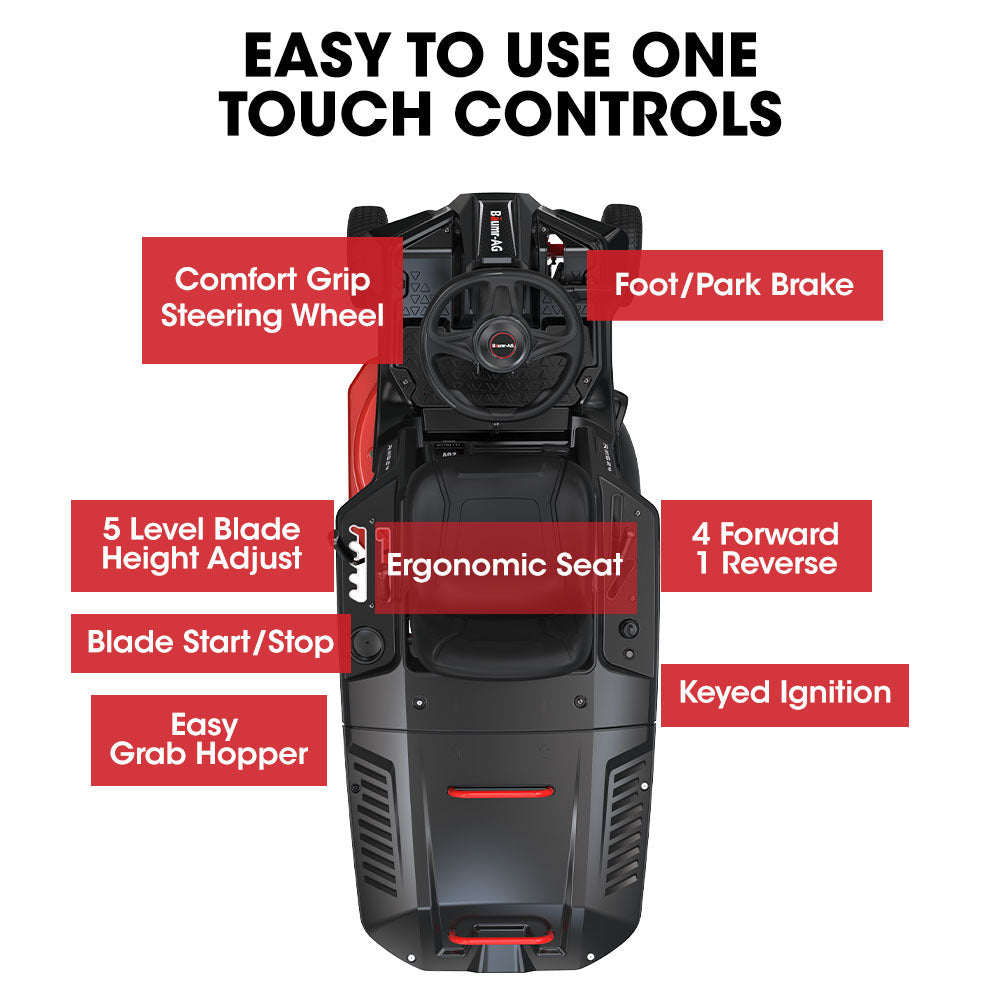 BAUMR-AG 24  Ride On Lawn Mower, Lithium Electric Start System, 6HP 224cc, 5 Cut Heights, Catcher and Mulch Kit