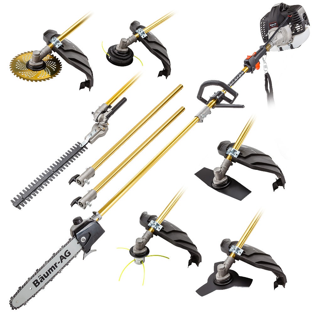 BAUMR-AG 65cc 7in1 Long Reach Garden Multi-tool, Pole Saw, Hedge & Line Trimmer, Brush Cutter, 12 Tree Trimming Pruning Chainsaw Bar, 2 Extension Shafts