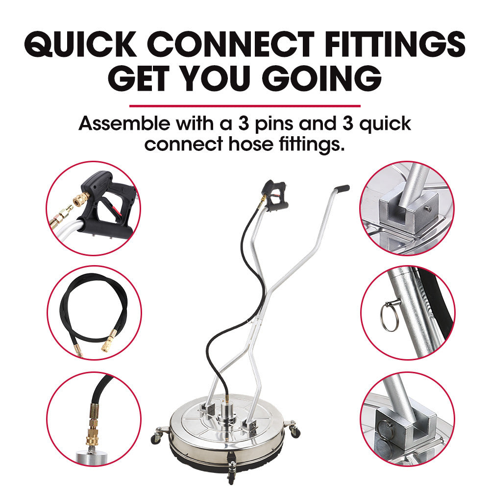 Jet-USA 24 Stainless Steel Pressure Washer Surface Cleaner, 3/8 Fitting, with Yoke Handlebar, For Concrete Driveway Patio Floor