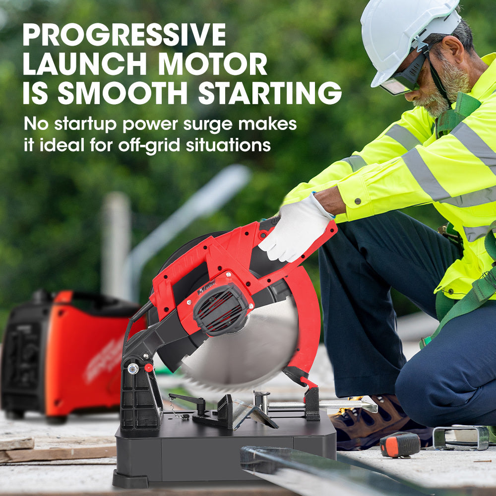 Baumr-AG 2400W 355mm 14  Metal Cut Off Cold Saw, Premium Low Spark Ceramic Alloy Tooth Blade, Measurement Scale, Soft Start, 45 Degree Mitre Chop Cutting