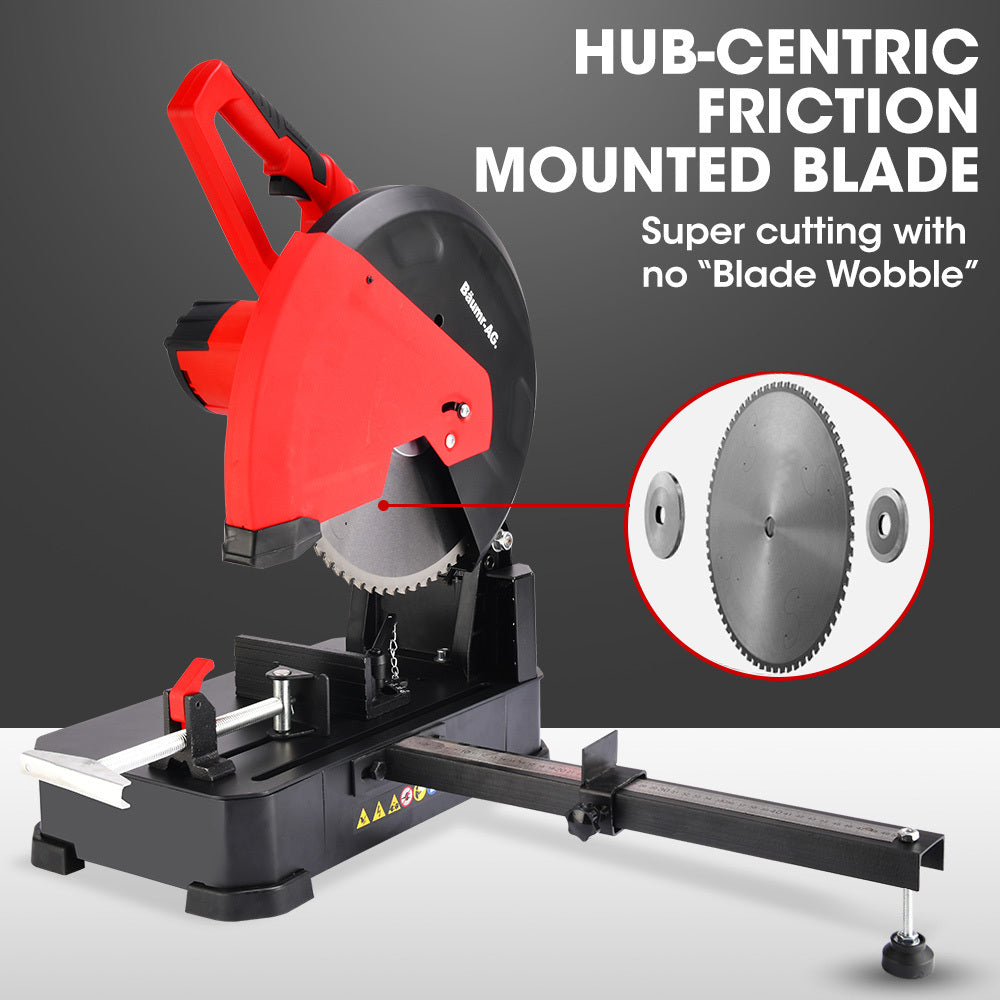 Baumr-AG 2400W 355mm 14  Metal Cut Off Cold Saw, Premium Low Spark Ceramic Alloy Tooth Blade, Measurement Scale, Soft Start, 45 Degree Mitre Chop Cutting