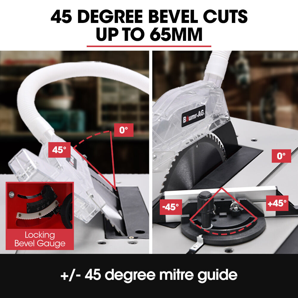 BAUMR-AG 2000W 255mm 10  Compound Table Saw, with Stand, Expandable Worktop, Vacuum Port, 45 Degree Bevel, +/- 45 Degree Mitre, Anti-tip