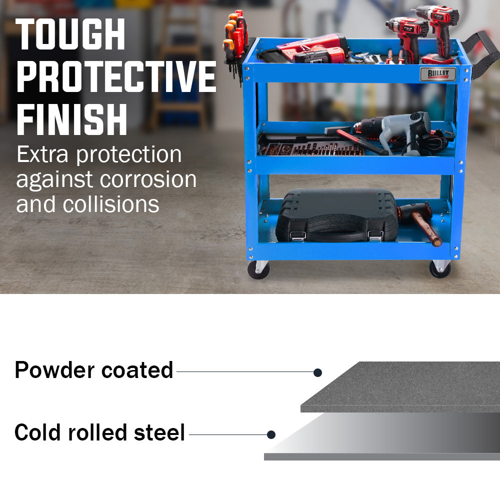Bullet 3-Tier Steel Tool Trolley Cart, for Workshop, Mechanic, with Pegboard, Screwdriver Bay, Blue