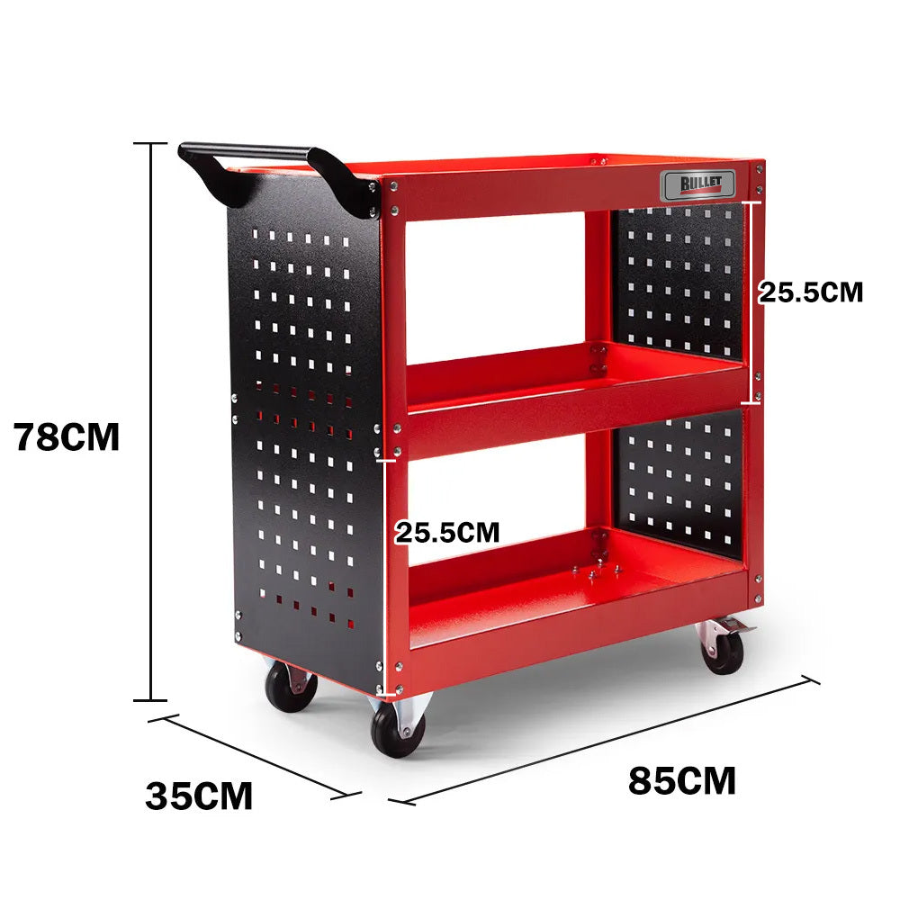 BULLET 3-Tier Steel Tool Trolley Cart for Workshop, Mechanic, with Pegboard, Screwdriver Bay, Red