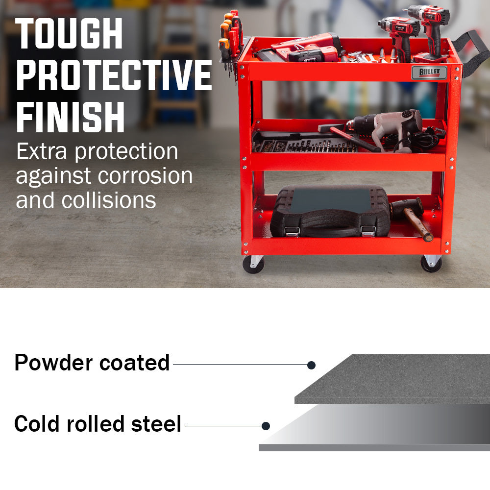 BULLET 3-Tier Steel Tool Trolley Cart for Workshop, Mechanic, with Pegboard, Screwdriver Bay, Red