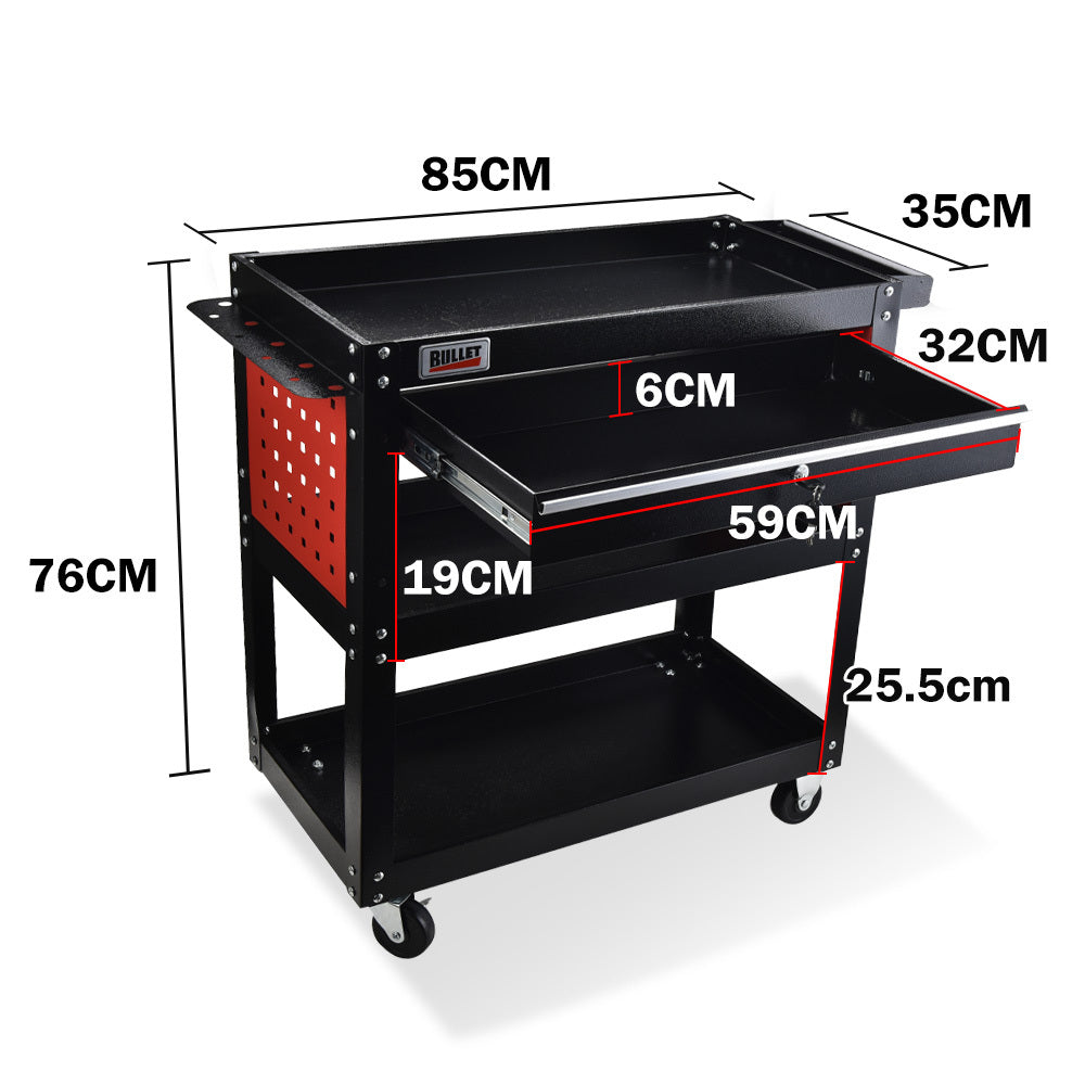 Bullet 3-Tier Steel Tool Trolley Cart, for Workshop, Mechanic, with Drawer, Pegboard, Screwdriver Bay, Black/Red