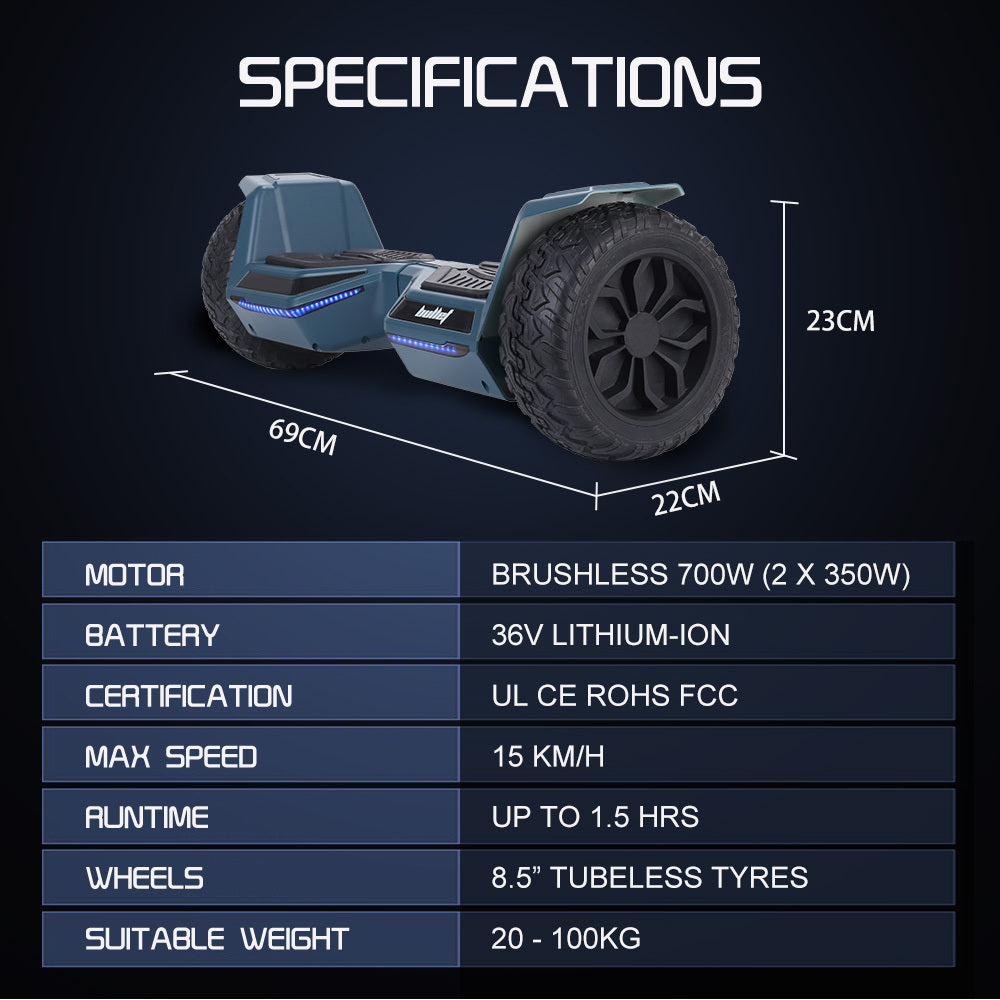 Bullet SX-4500 Hoverboard Scooter, 8.5  Wheels, 700W Brushless, Superior Self Balancing System, UL Certified, LED Lights, Carry Bag, Navy Blue