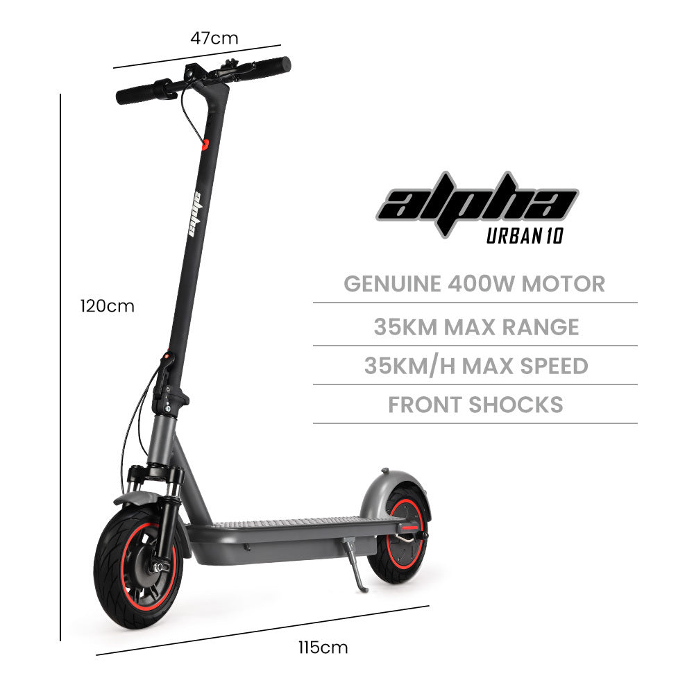 ALPHA Urban 10 Electric Scooter, 35km/h, Suspension, 35km Range, 10-Inch Wheels, Brushless Motor, Free APP, Motorised Commuter eScooter for Adults, Grey