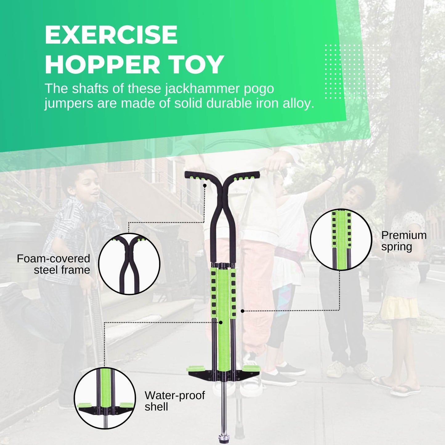 Green Pogo Stick Kids - Childrens Jumping Jackhammer Exercise Hopper Toy