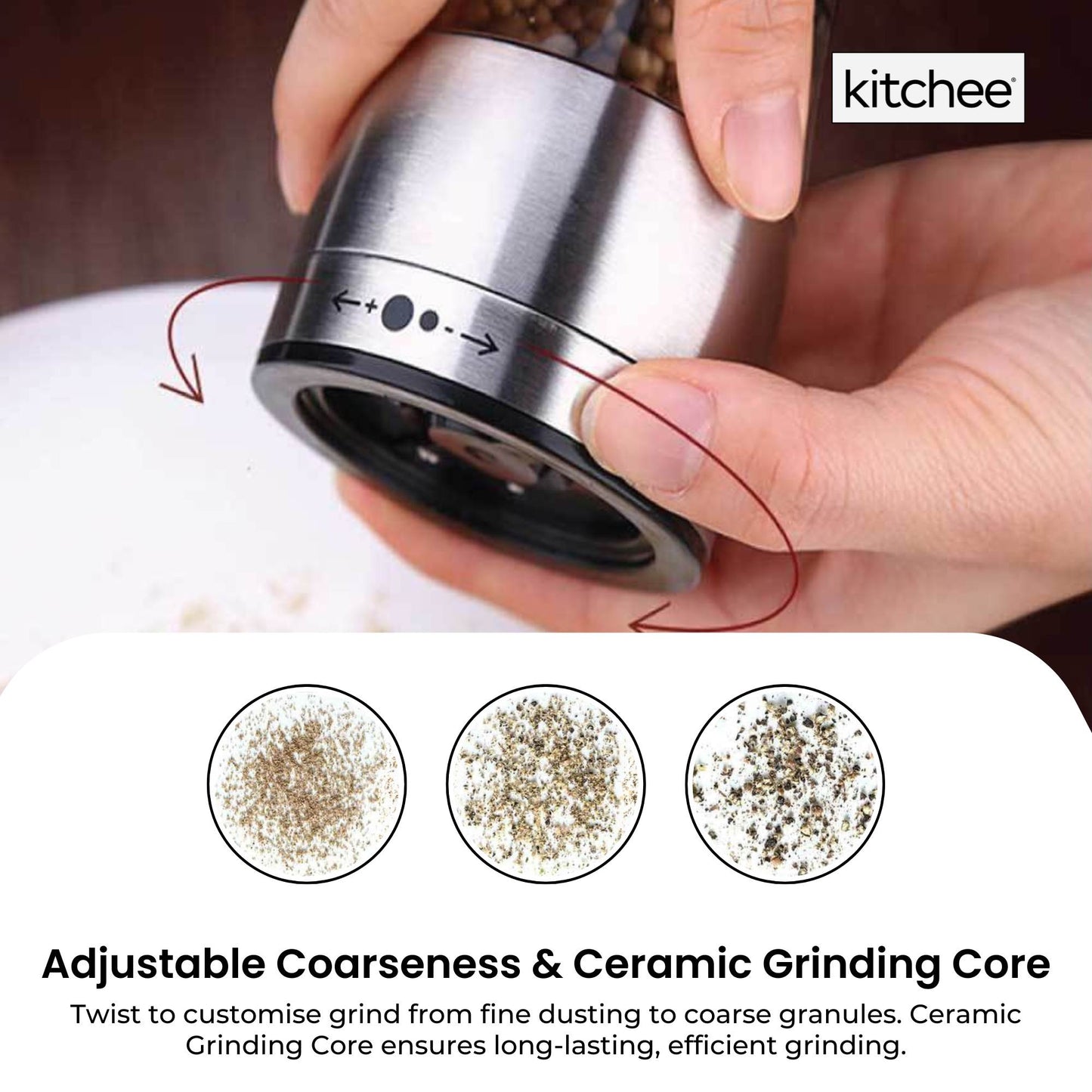 Kitchee Stainless Steel Salt Pepper Spice Grinder Mill - Adjustable Coarseness