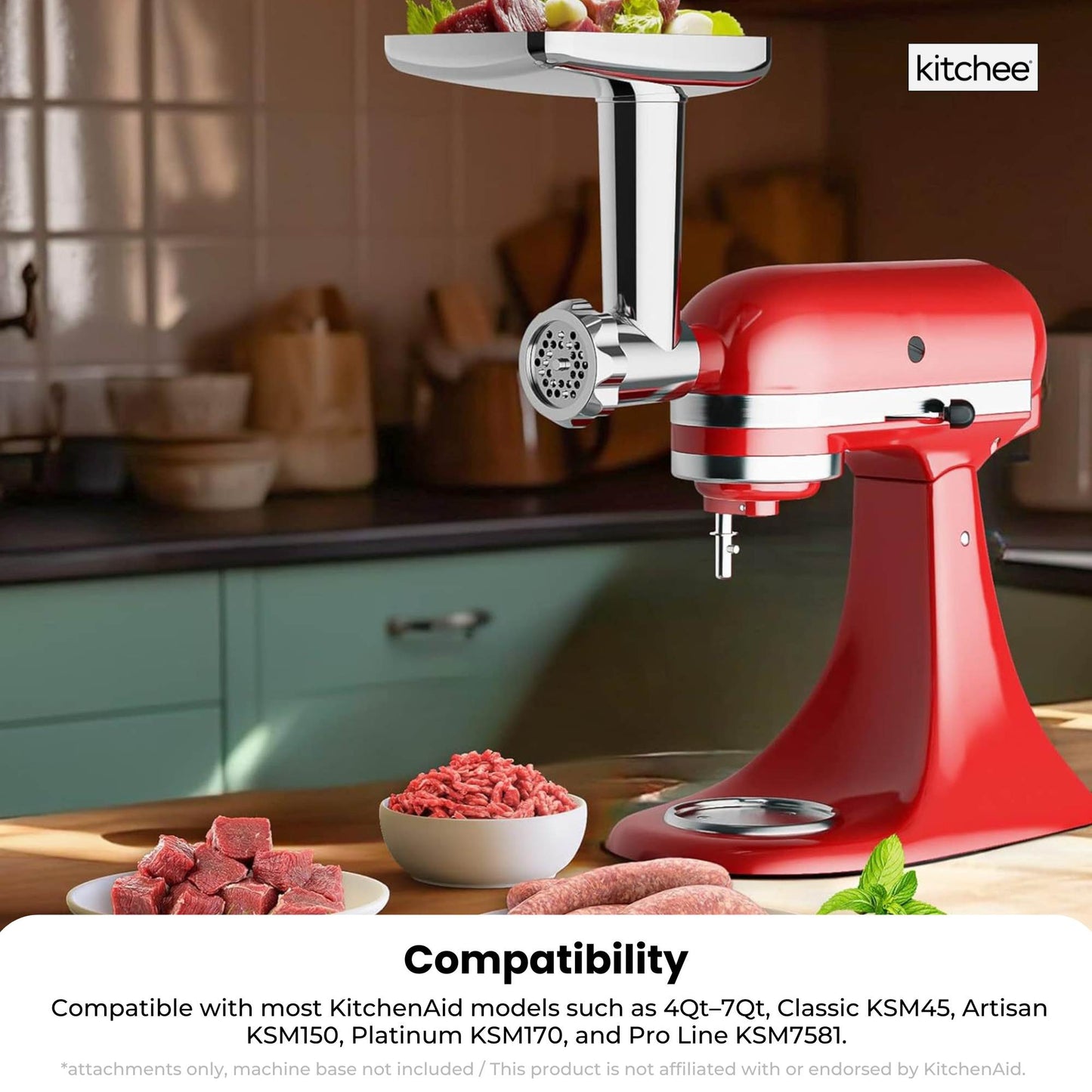 Kitchee Meat Food Grinder Sausage Attachment - Compatible with KitchenAid Mixers