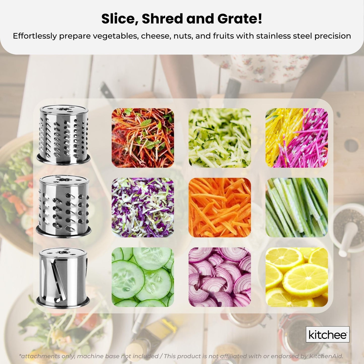 Kitchee Slicer Shredder Grater 3 Attachments - Compatible with KitchenAid Mixer