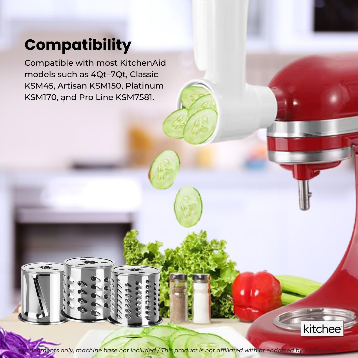 Kitchee Slicer Shredder Grater 3 Attachments - Compatible with KitchenAid Mixer