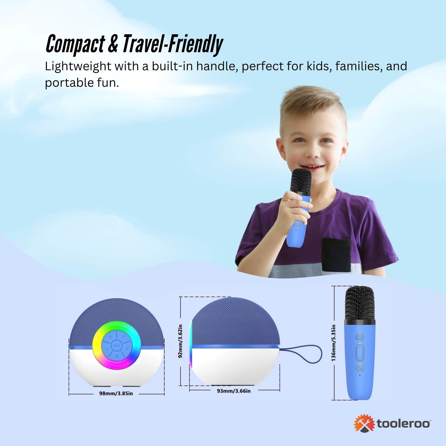 Mini Karaoke Machine and 2x Wireless Microphones Portable Bluetooth Speaker Blue