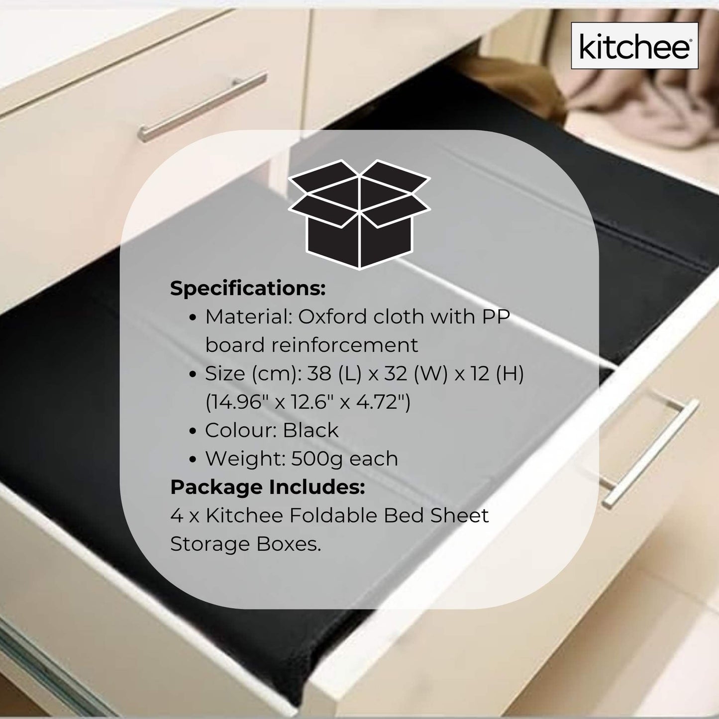 4x Kitchee Foldable Bed Sheet Storage Box – Linen & Closet Organiser Black